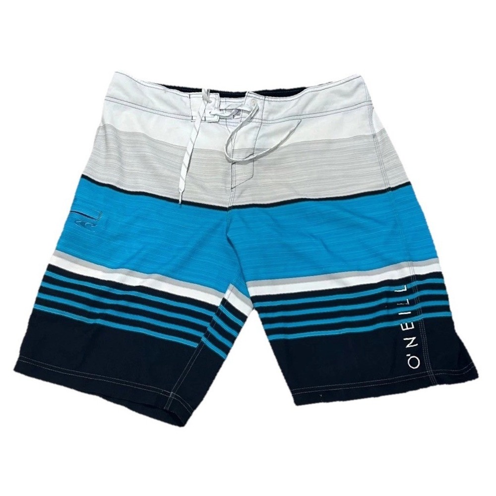 ONeill Mens Striped Board Shorts Blue Black White Swim Trunks Size M VW1028